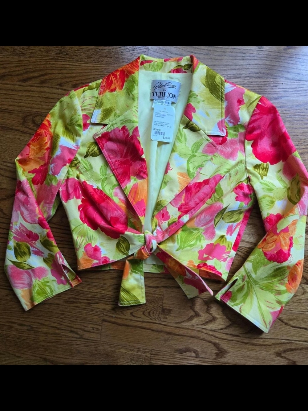 Teri Jon Pink and Green Floral Cropped Tie-Front Blazer